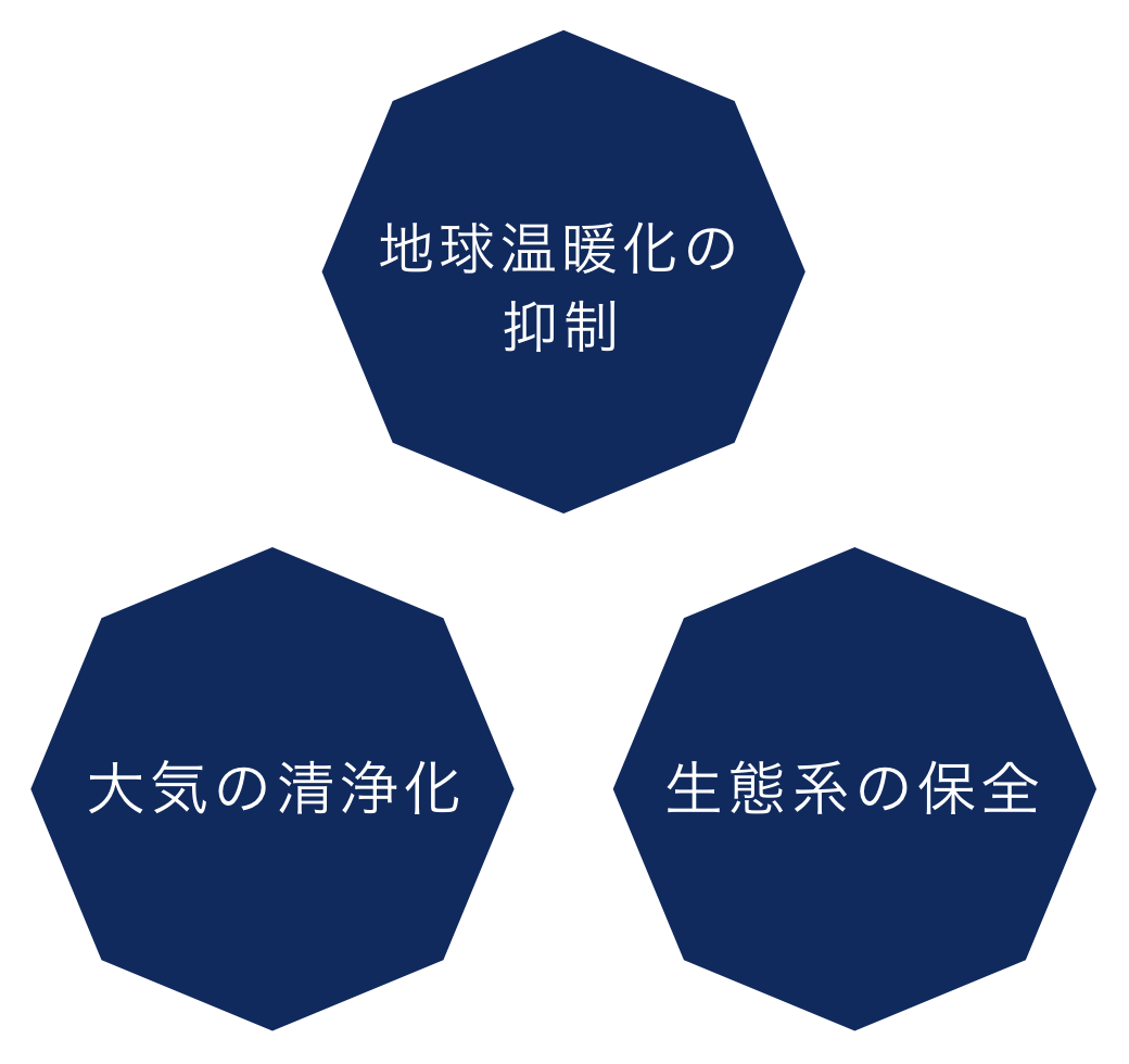 地球温暖化の抑制、大気の清浄化、生態系の保全